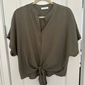 Olive Green Button Front Top with Tie